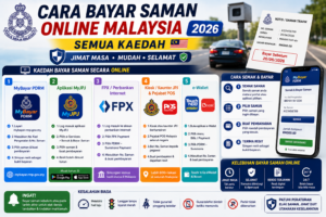 Infografik panduan lengkap cara bayar saman online Malaysia 2026 melalui MyBayar, MyJPJ, MyEG dan Pos Malaysia