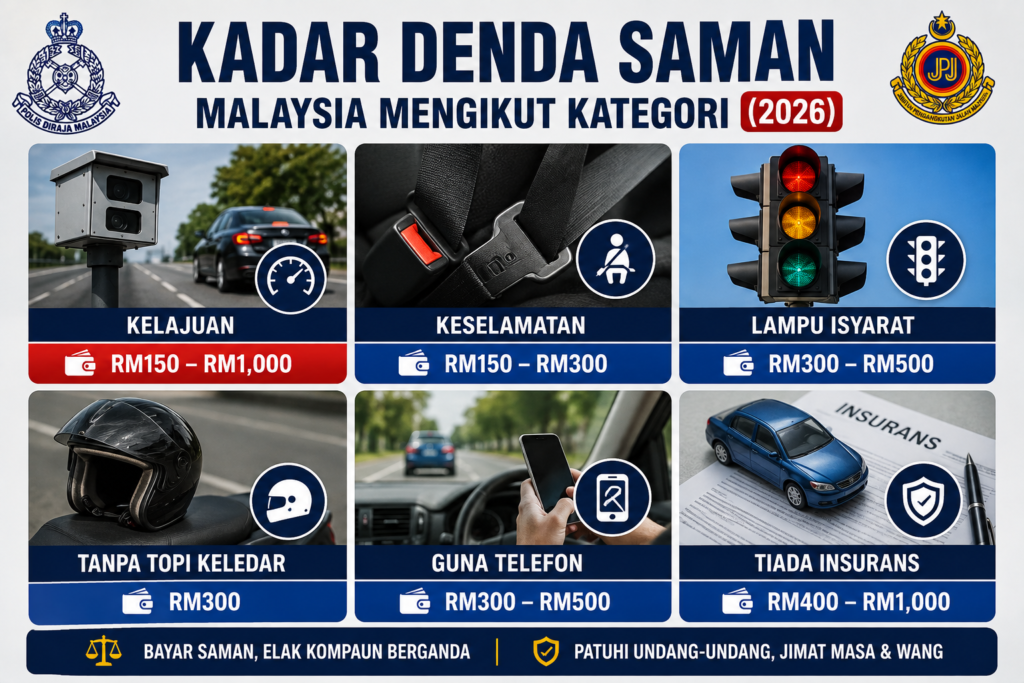 Kadar Denda Saman Malaysia Mengikut Kategori (2026)